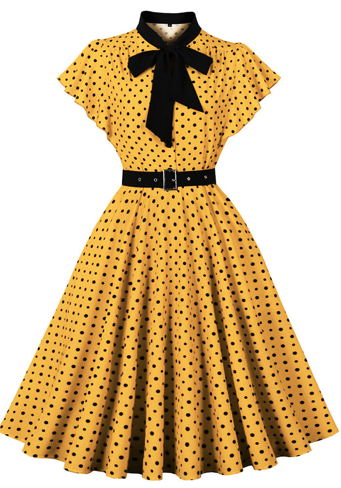 Women's Short-Sleeve Round Neck Knee-Length Retro Polka Dot A-line Dress