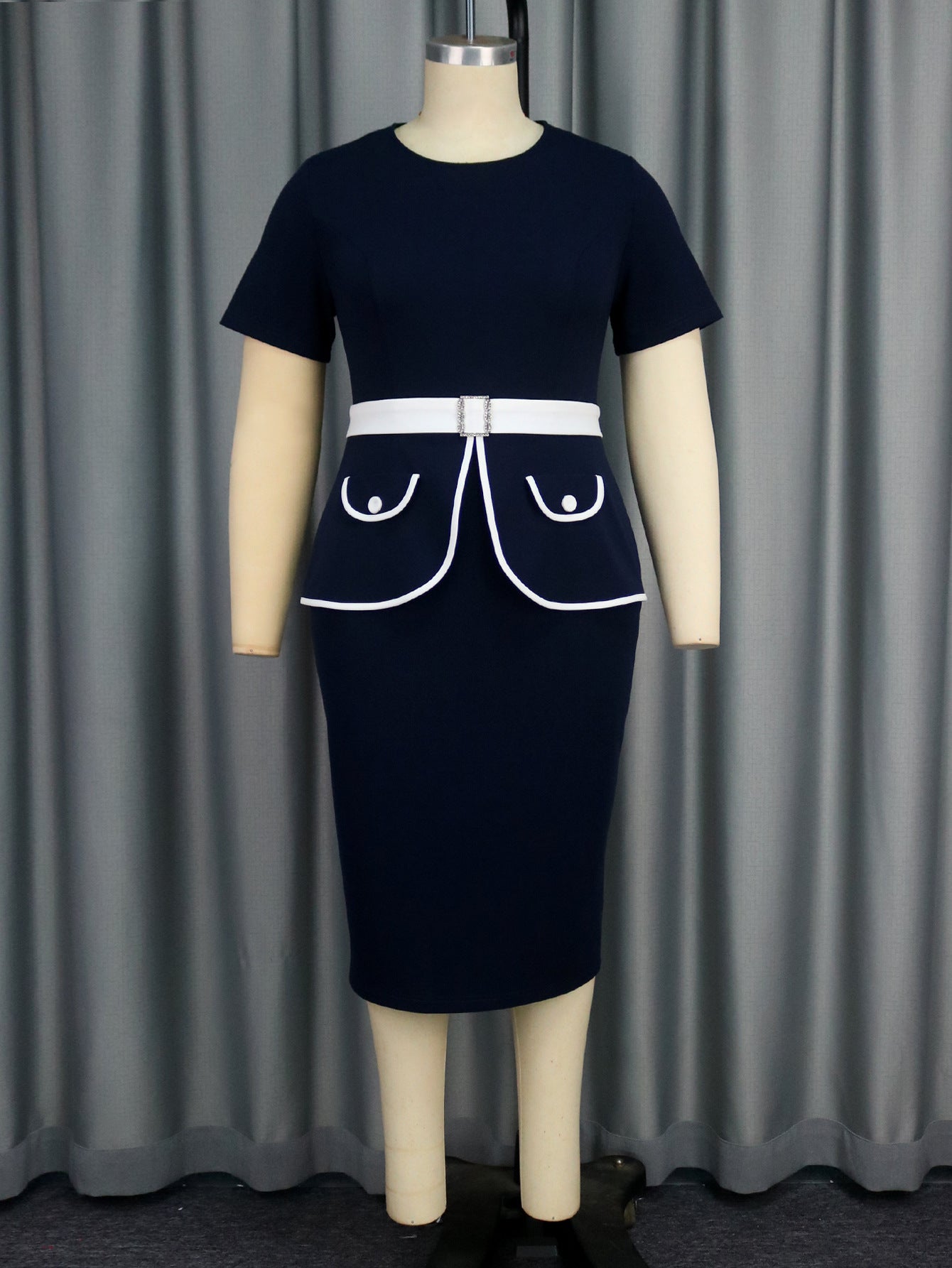 Women Round Neck Bodycon Waist Button Ruffle Dress 5