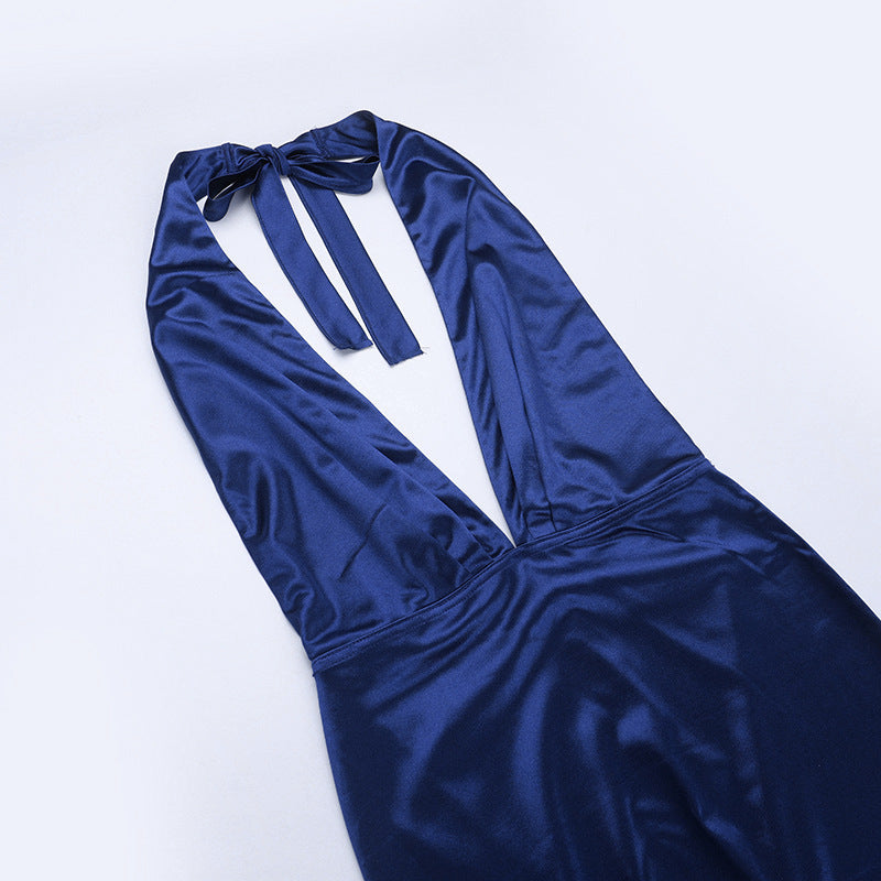 Sexy Deep V-Neck Halter Neck Low Back Satin Maxi Dress Chic Gown 11