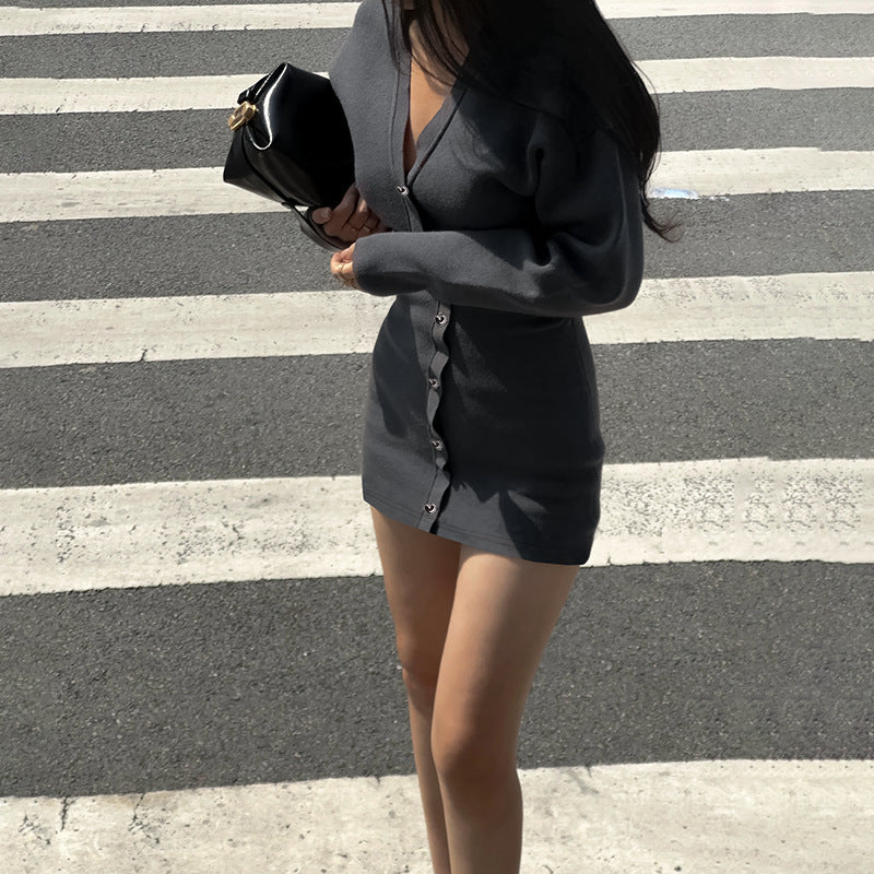 Women Sexy V Neck Knitting Long Sleeve Dress