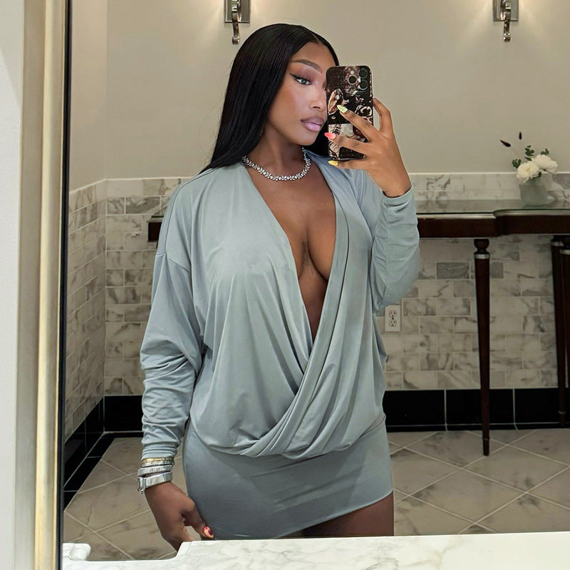 Women's Autumn Street Sexy Deep V Bat Sleeves Long Sleeve Dress 15