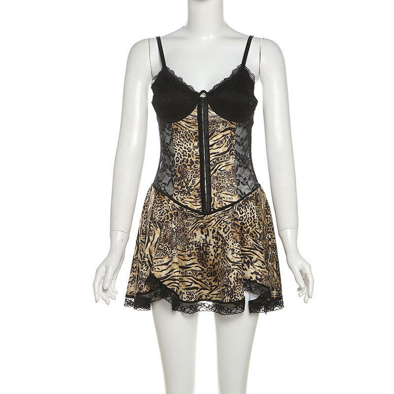 Women Sexy Backless See-Through Lace Leopard Patchwork Suspender Mini Dress 9