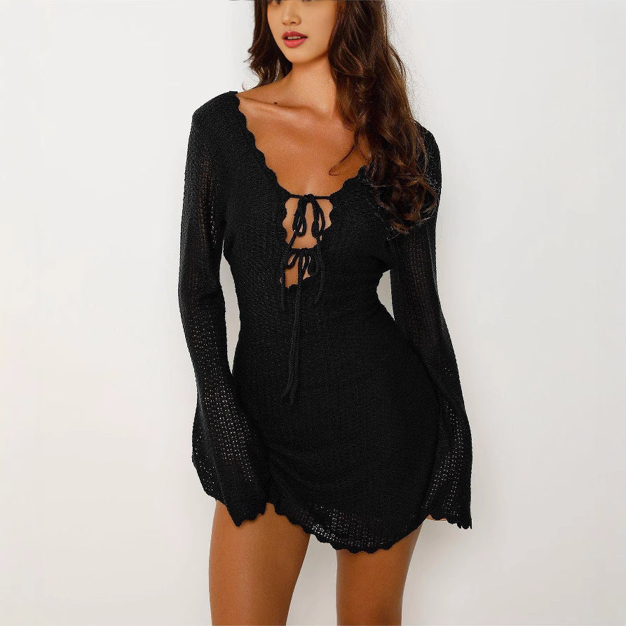 Women's Sexy Long-Sleeve Lace-Up Knitted Mini Dress 4
