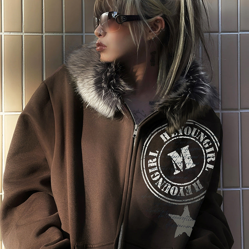 Winter Plush Hooded Badge Print Retro Jacket Loose Plus Size Casual Zipper Hoodies 5