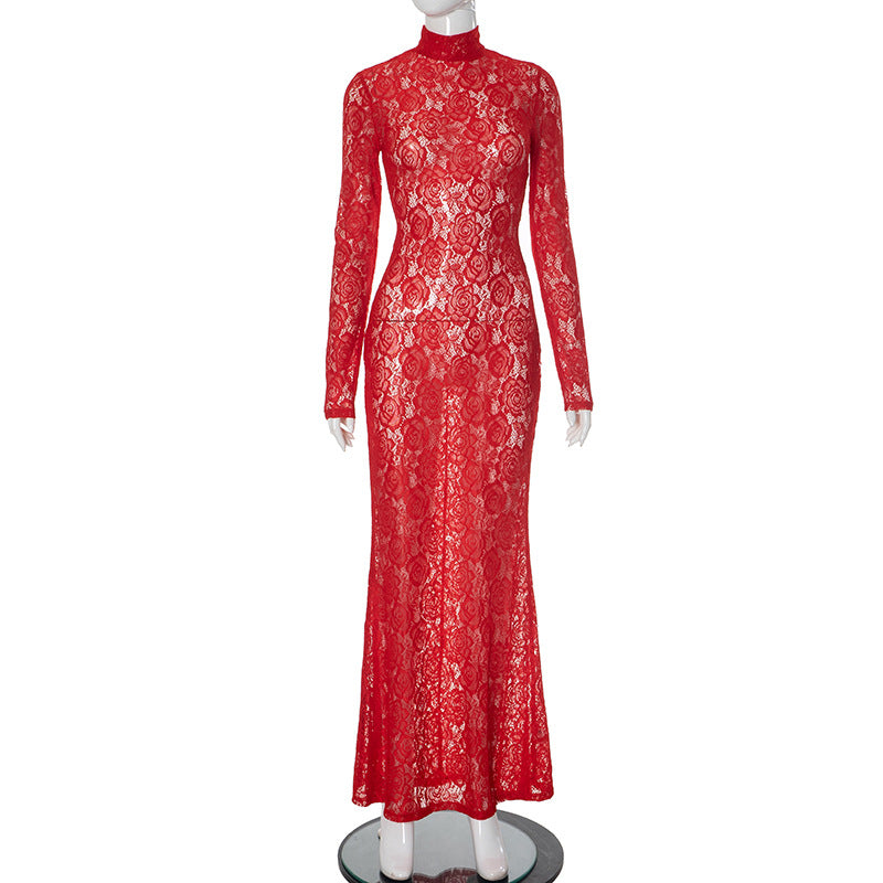 Women lace Patchwork half-high collar sexy dress 6