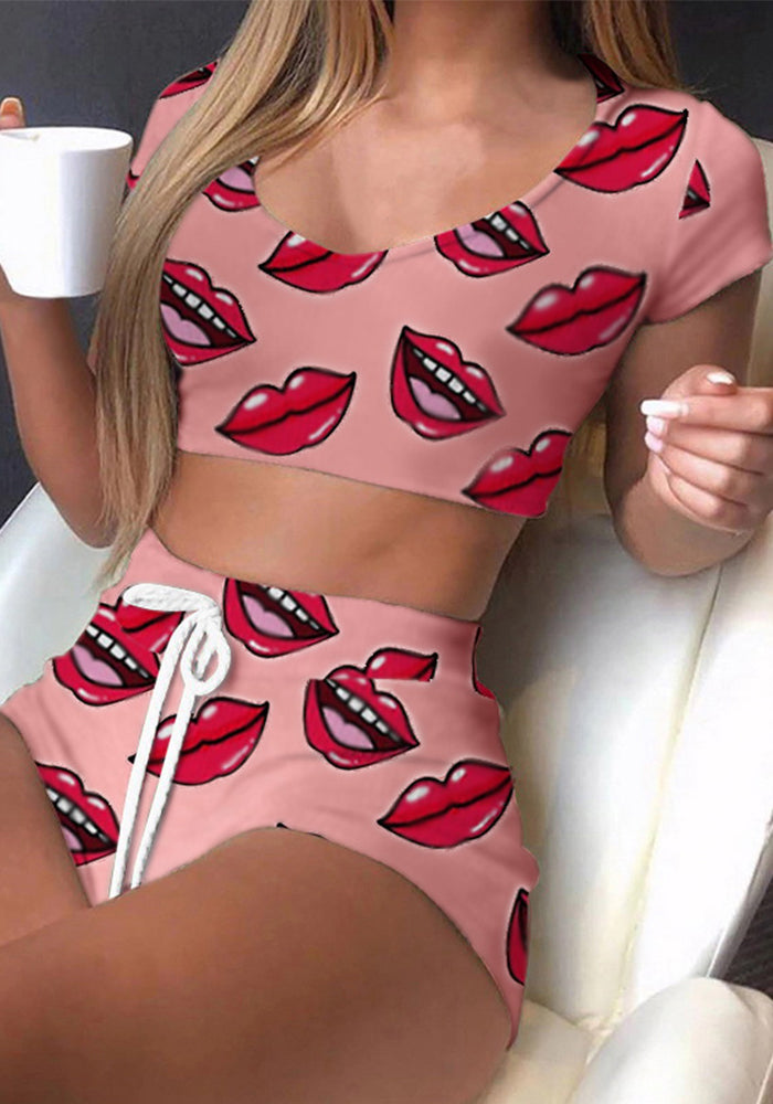 Women Round Neck Lip and Footprint Print Two-Piece Set