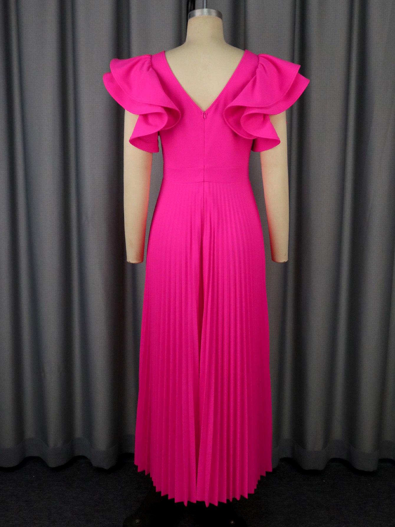 Women elegant Formal Party ruffle short sleeve V-neck pleated Dress 6