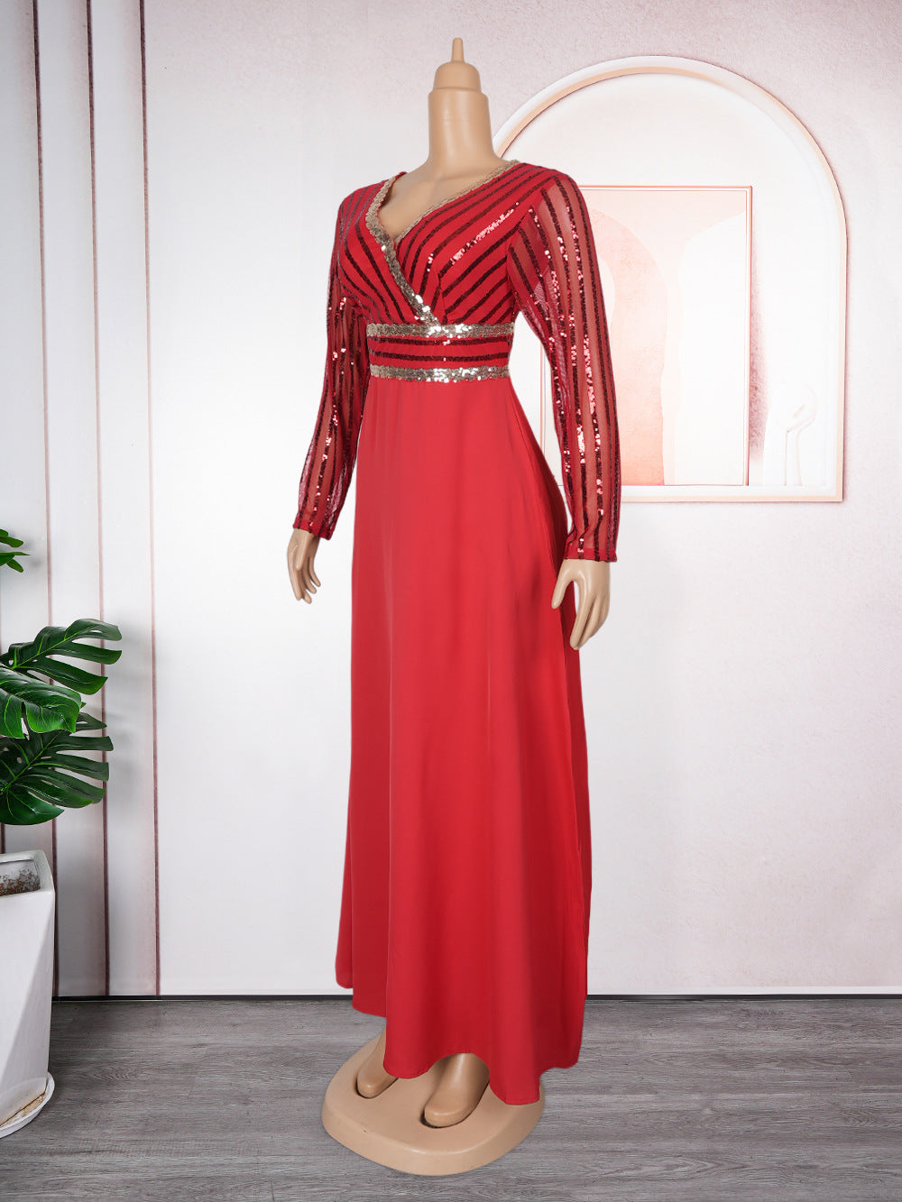 Plus Size African Women Autumn Lace Patchwork Sequins Dress 11