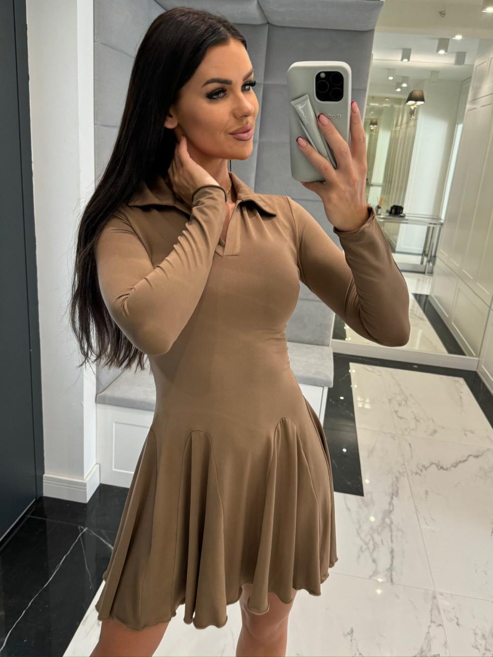 Women Solid Long-sleeved Turndown Collar Dress 4