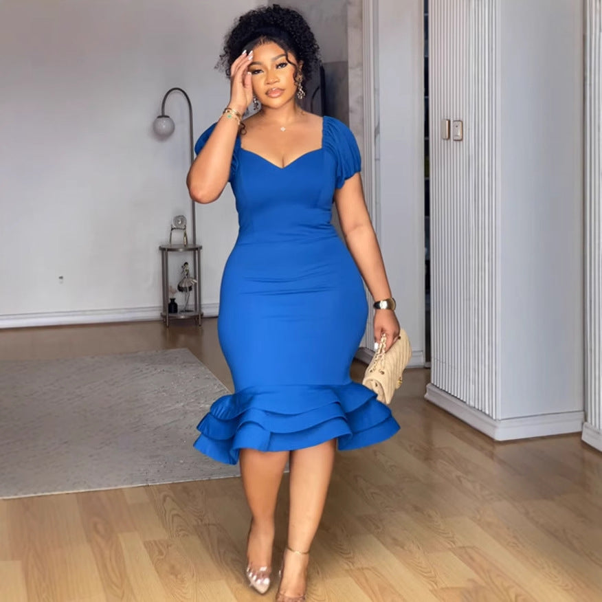 Women Stretch Lantern Sleeve Wave Bodycon Dress 5