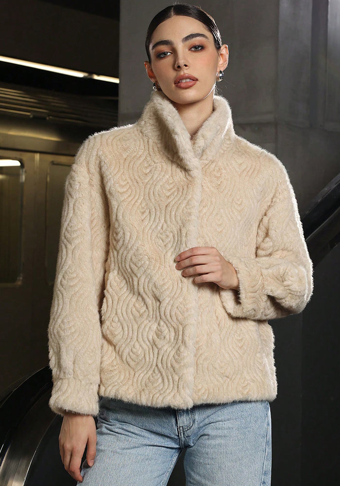 Autumn Winter Ribbed High Neck Long Sleeve Warm Women's Fur Coat Fashion Outerwear