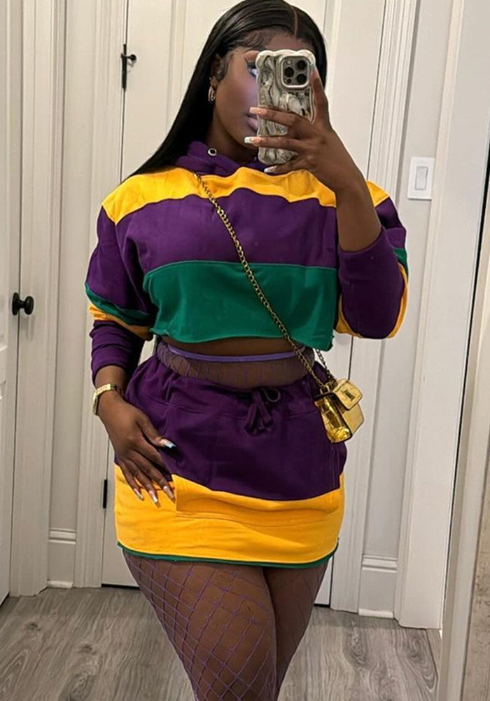 Contrast color trendy striped loose short top lace-up Bodycon short skirt set