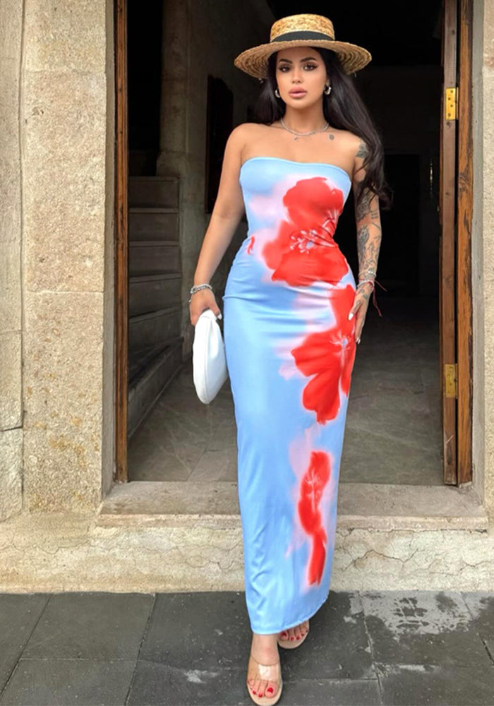 Women Summer Strapless Floral Print Slit Maxi Dress