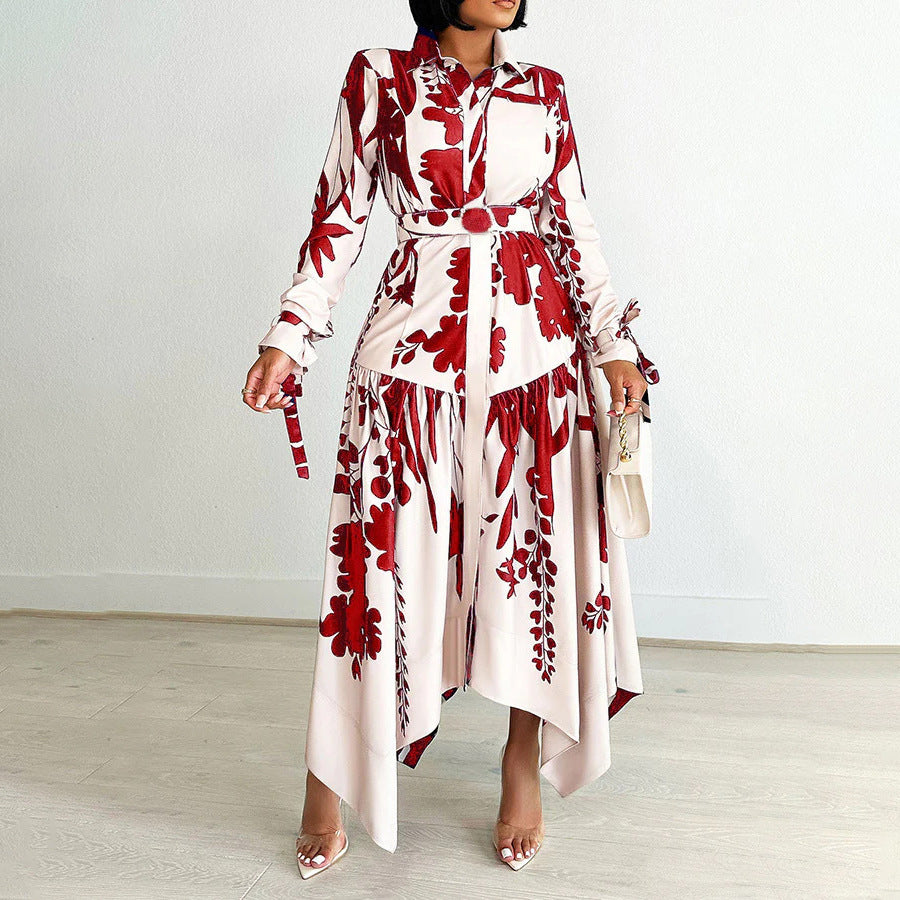 Women's Fashion Chic Print Turndown Collar Long Sleeve Belt Irregular Print Dress 7