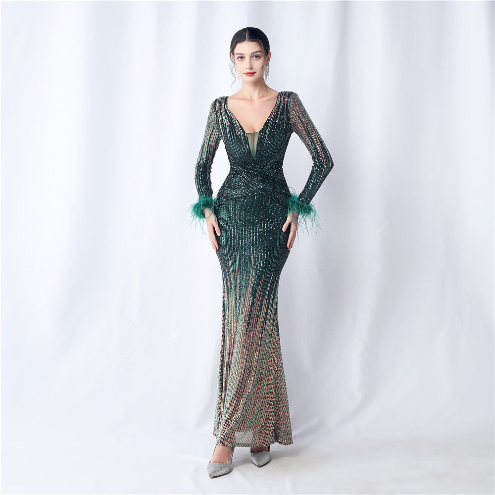 Women Ostrich Feather Gradient Sequins Long Sleeve Evening Gown 10