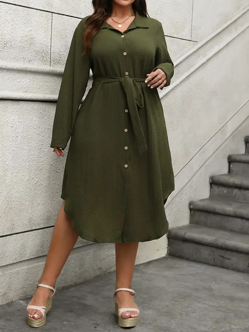 Plus Size Women Long Sleeve Long-Breasted Button Lace-Up Shirt Dress 7