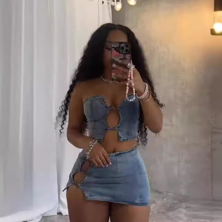 Women Summer Sexy Drawstring Top and Slit Bodycon Skirt Two-piece Set 3