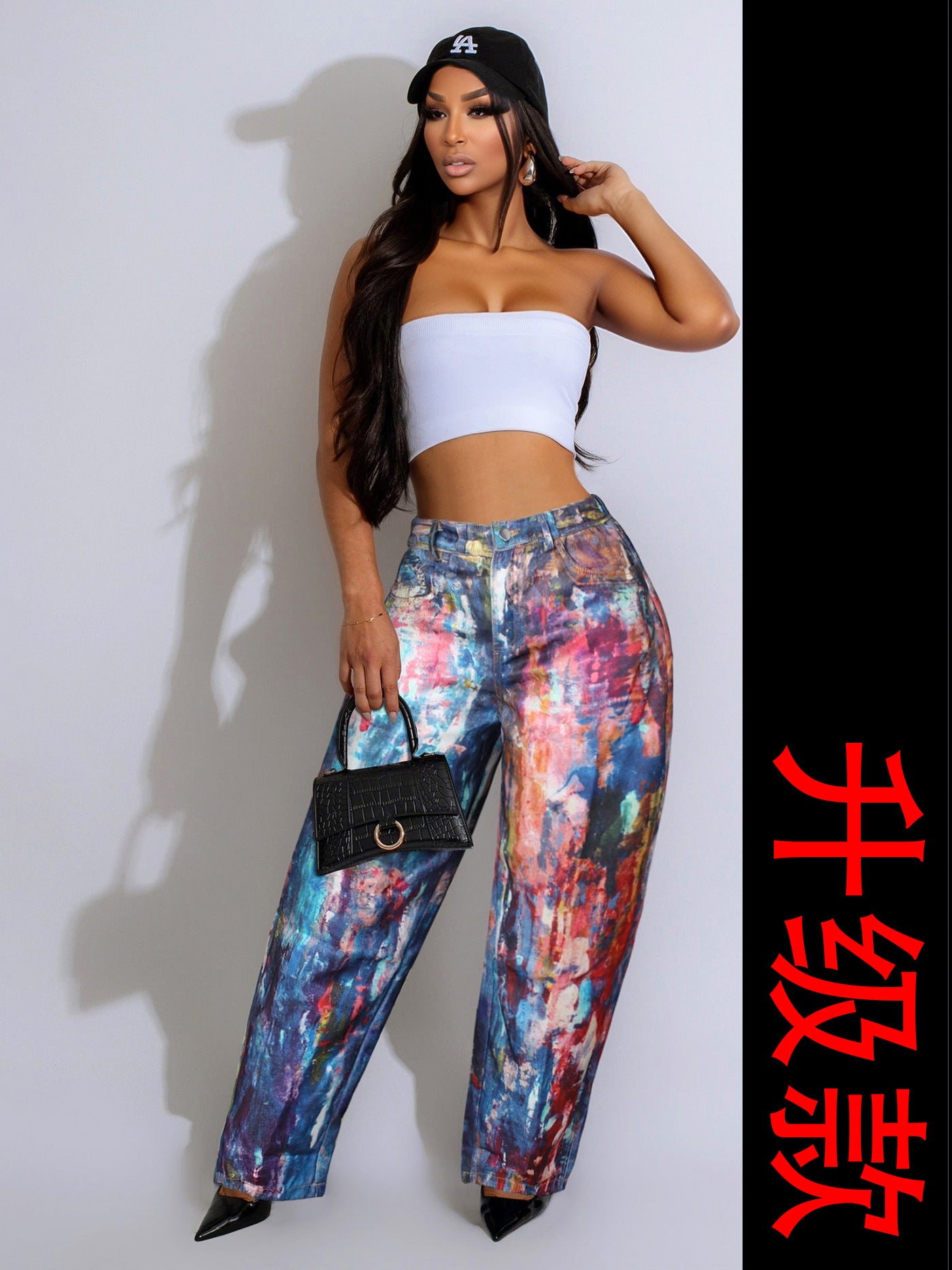 Denim Leather Print Wide-Leg Pants for Women 11