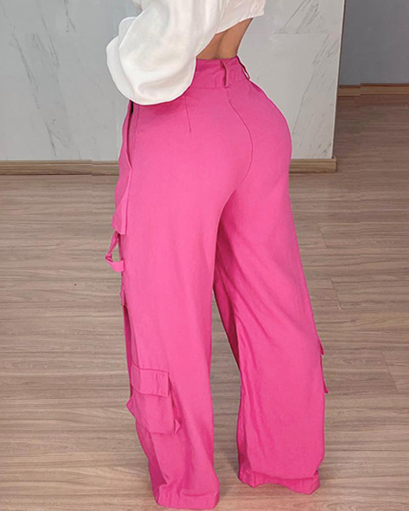 Women Rose Casual Patch Pocket Cargo Pants 3