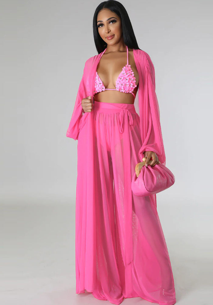 Fashion Ladies Solid Color Bat Sleeves Sexy See-Through Long Sleeve Pant Set