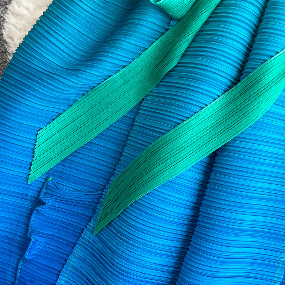 Women Pleated Long Sleeve Turndown Collar Lace-up Gradient Dress 17