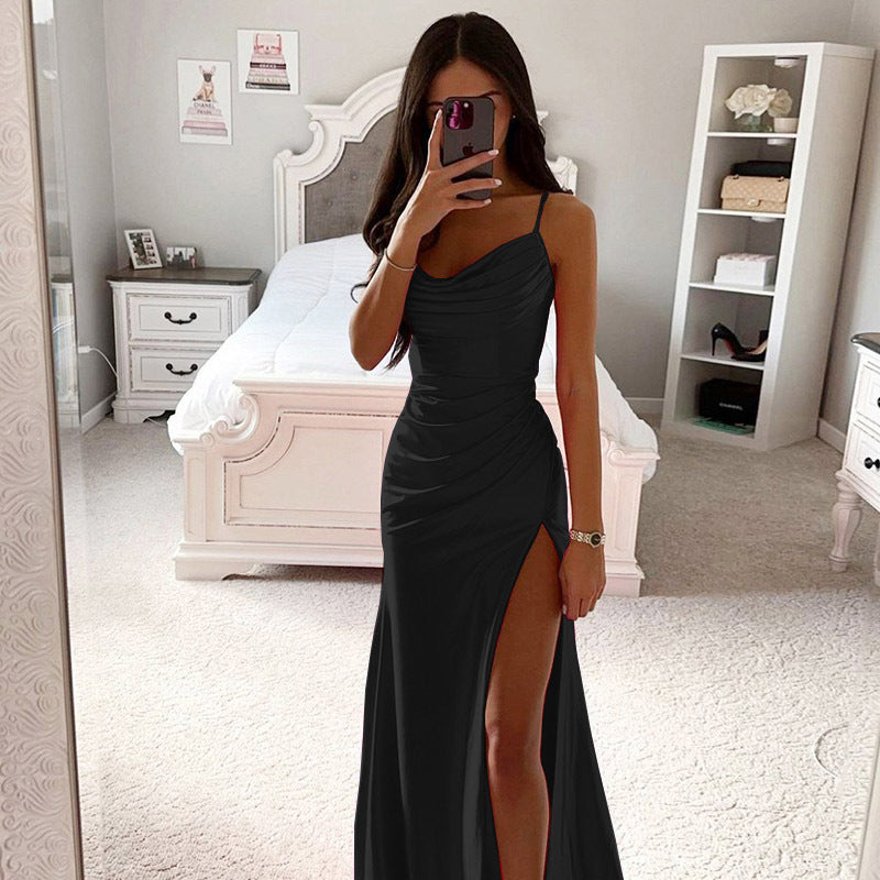 Spring Strapless Gathered Slit Satin Dress Sexy Slim Bodycon Dress 8