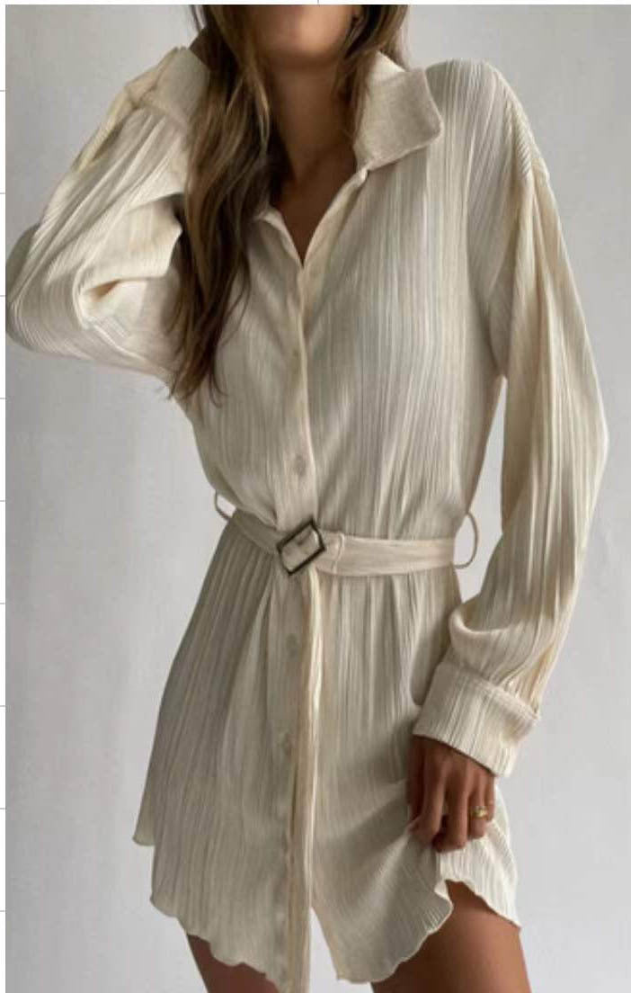 Women Pleated Long Sleeve Belted Shirt Dress 4
