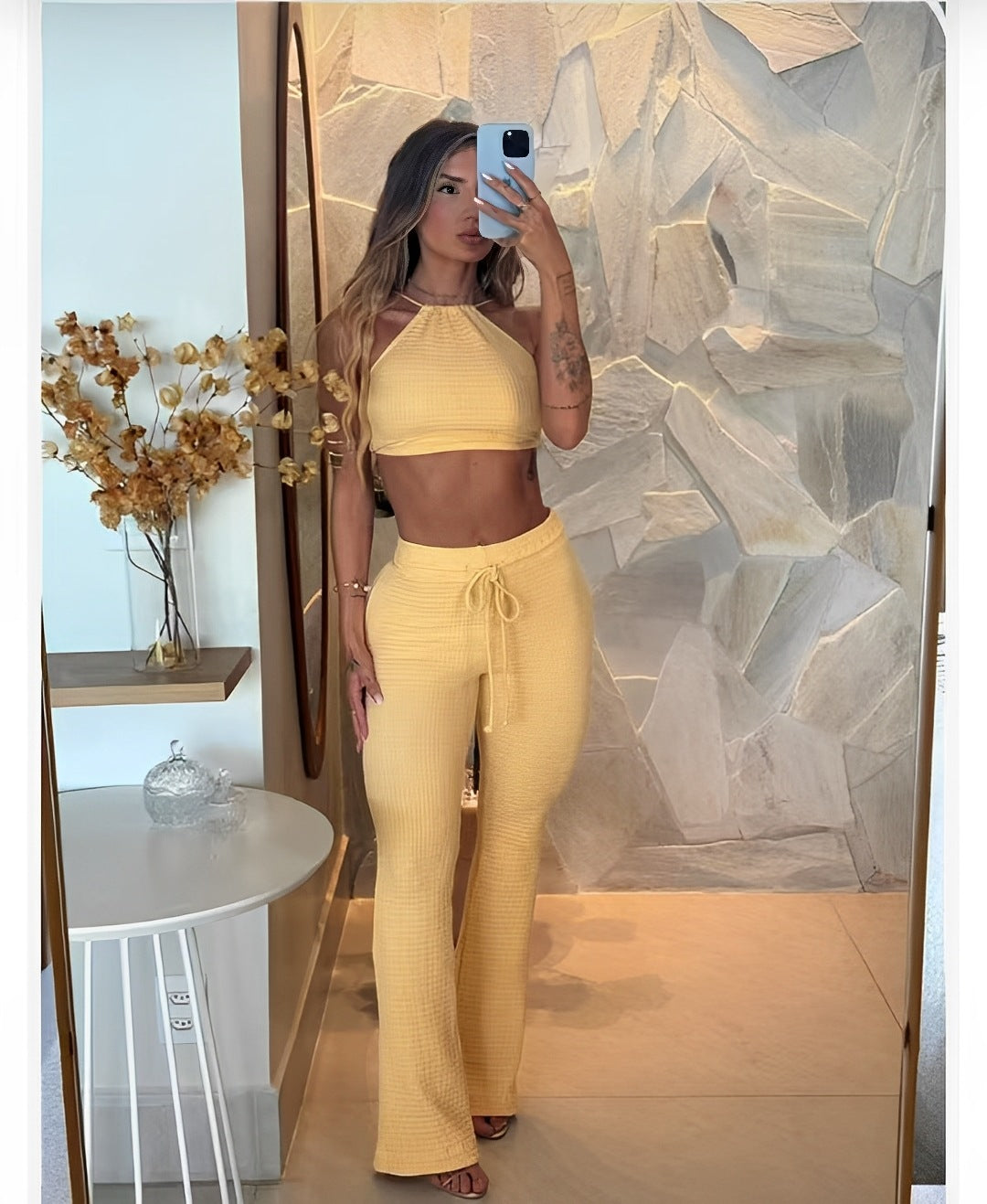 Women Waffle Sexy Halter Neck Top and Lace-Up Bell Bottom Pants Two-piece Set 5