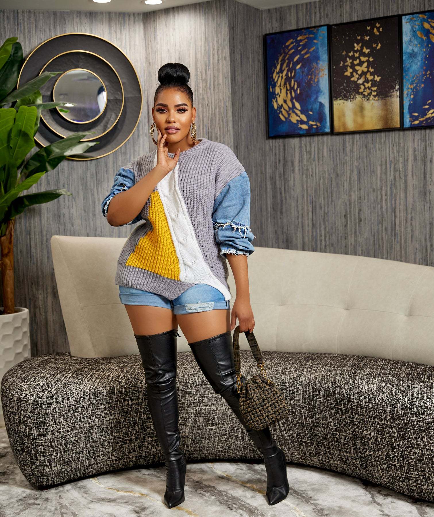 Women's Denim Knitting Patchwork Top 5