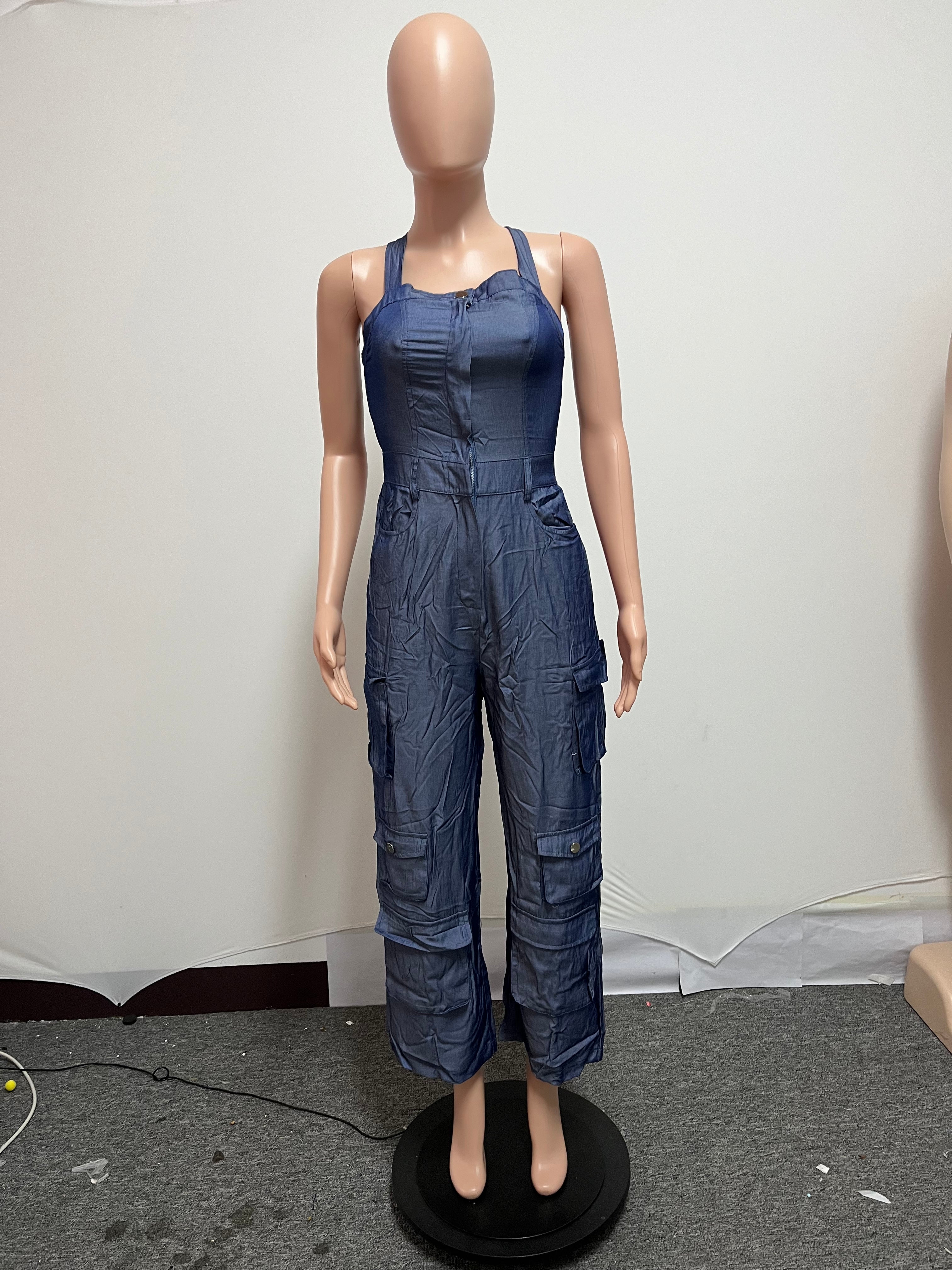 Women Extra Large Belt Bag Denim Jumpsuit 3