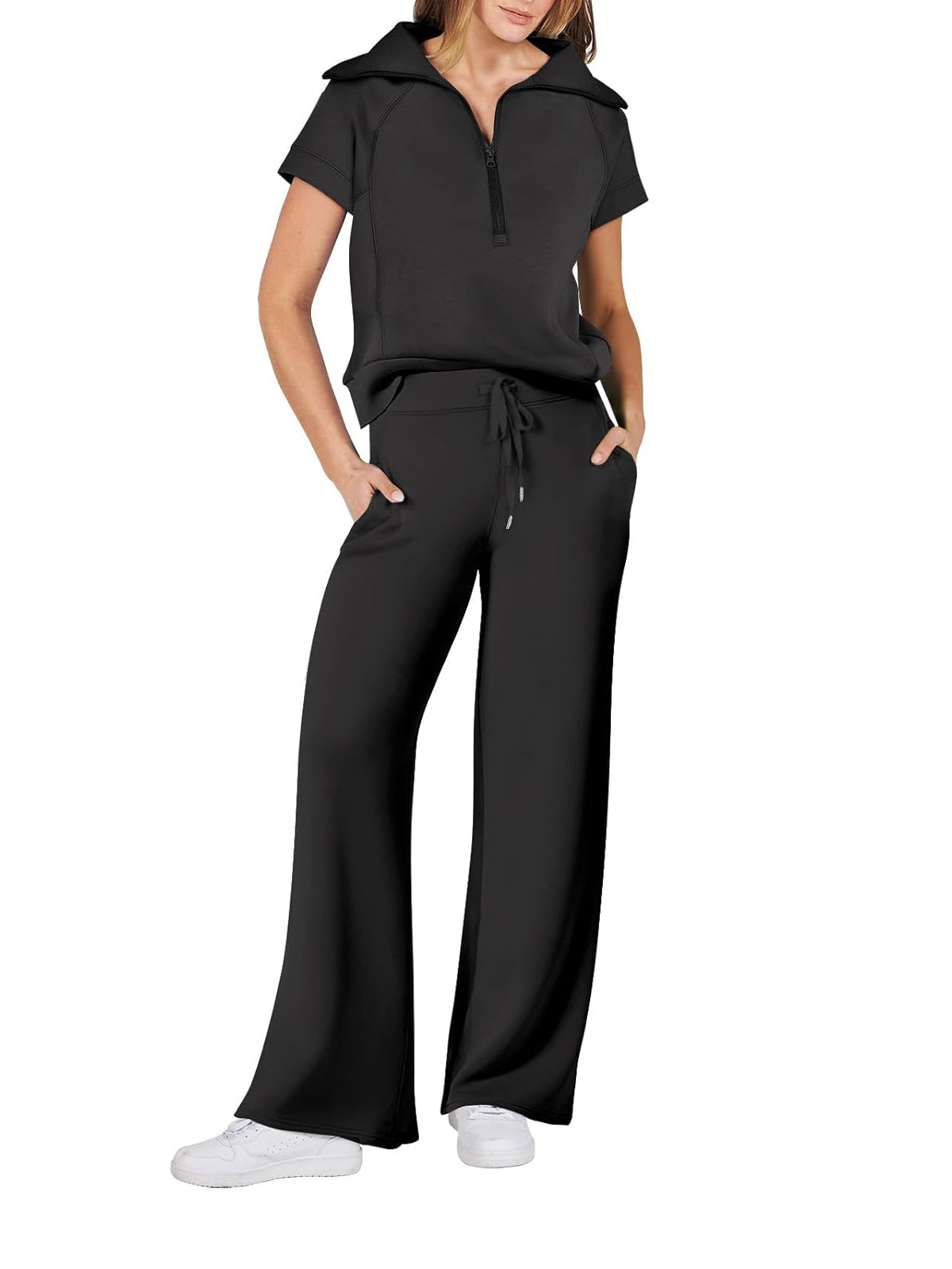 Women Casual Solid Zipper Shirt And Wide Leg Pants Two Piece Set 8