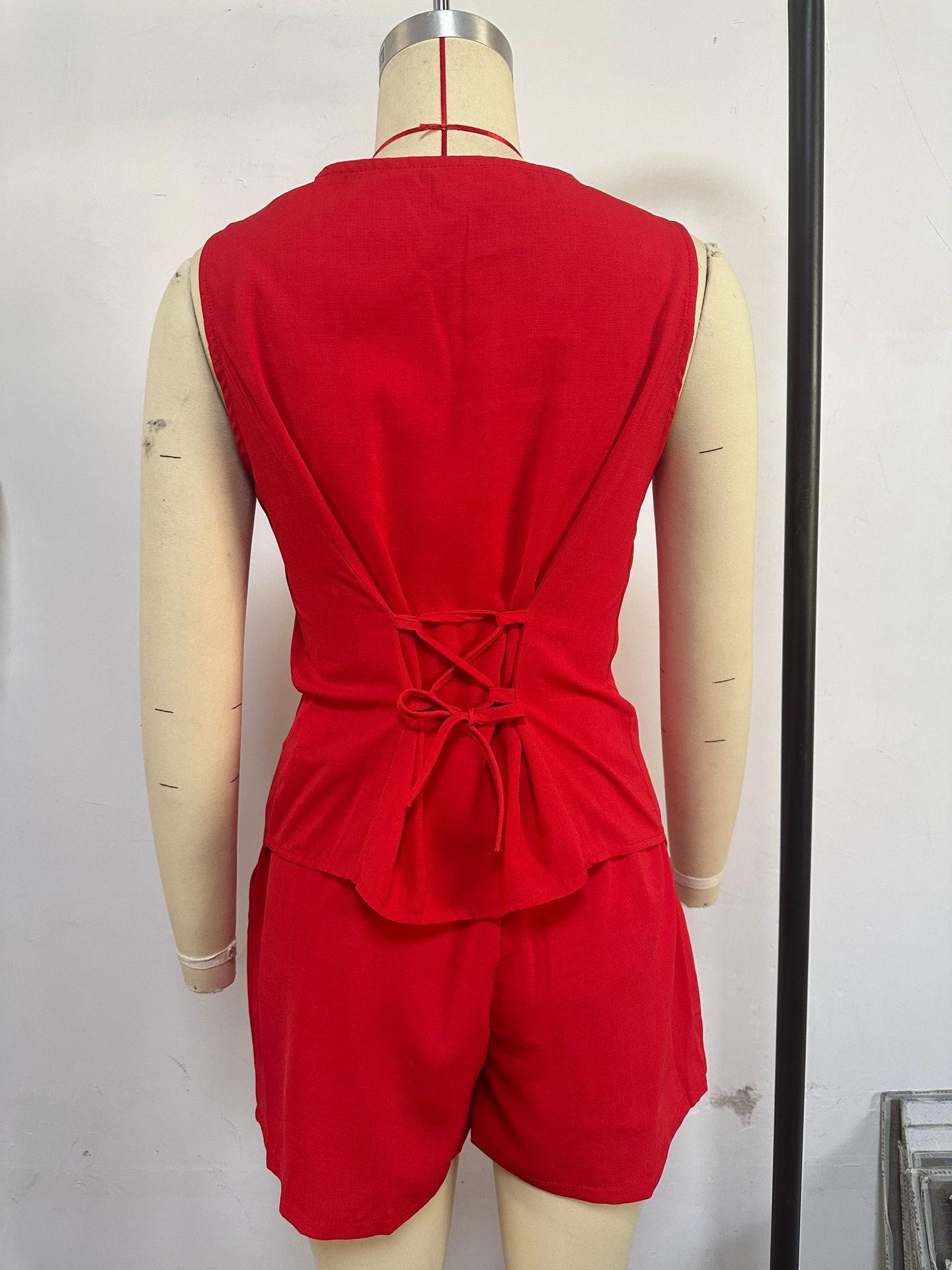 Women Summer Solid Casual V-Neck Vest and Shorts Two Piece Set 6