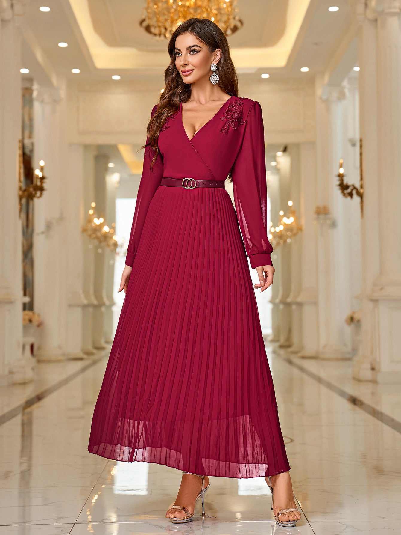 Autumn Winter Sexy Long Sleeve Pleated Belted Elegant Long Dress 5