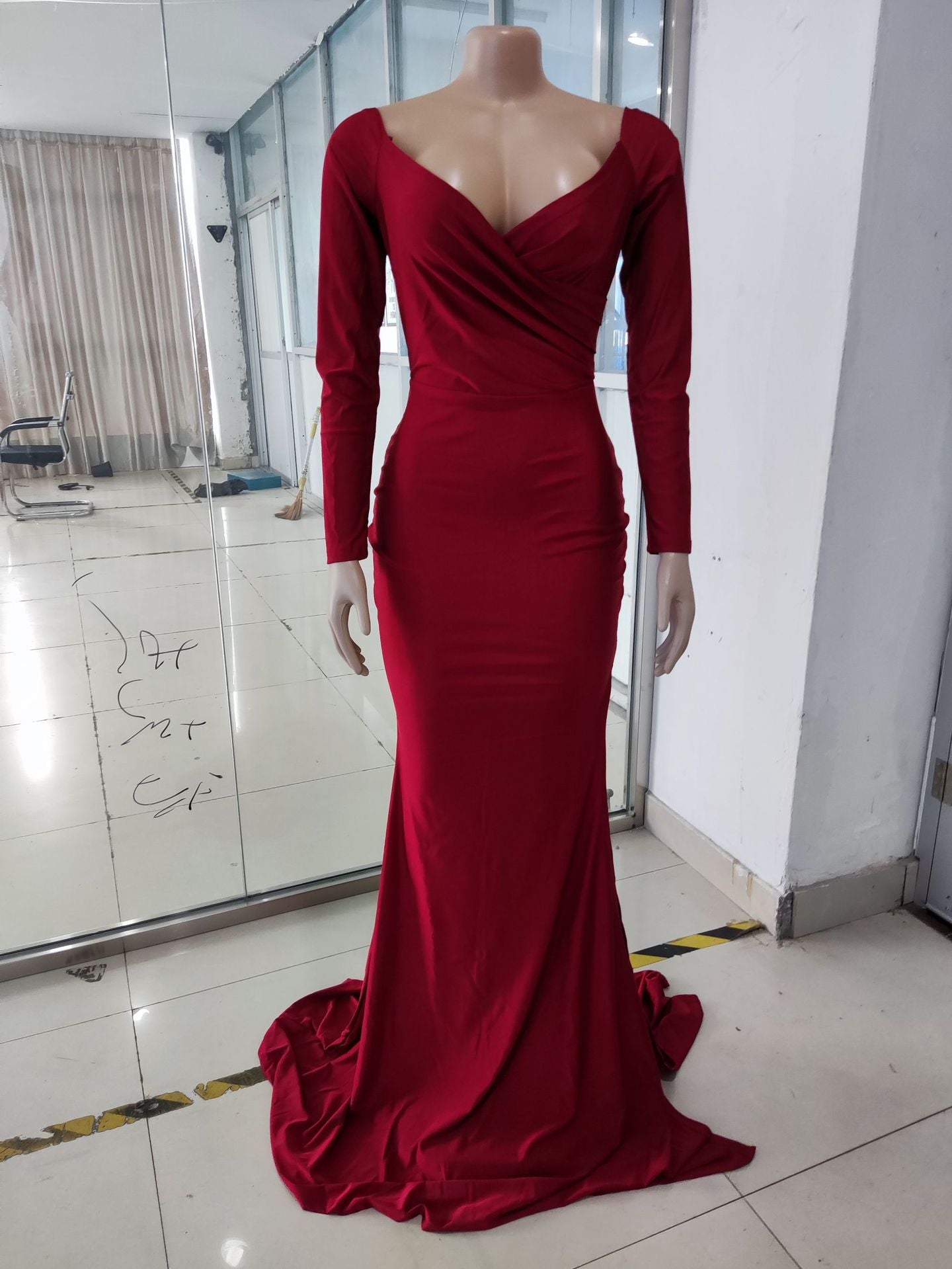 Red Sexy Sweetheart Long Sleeve Slit Mermaid Evening Dress 6