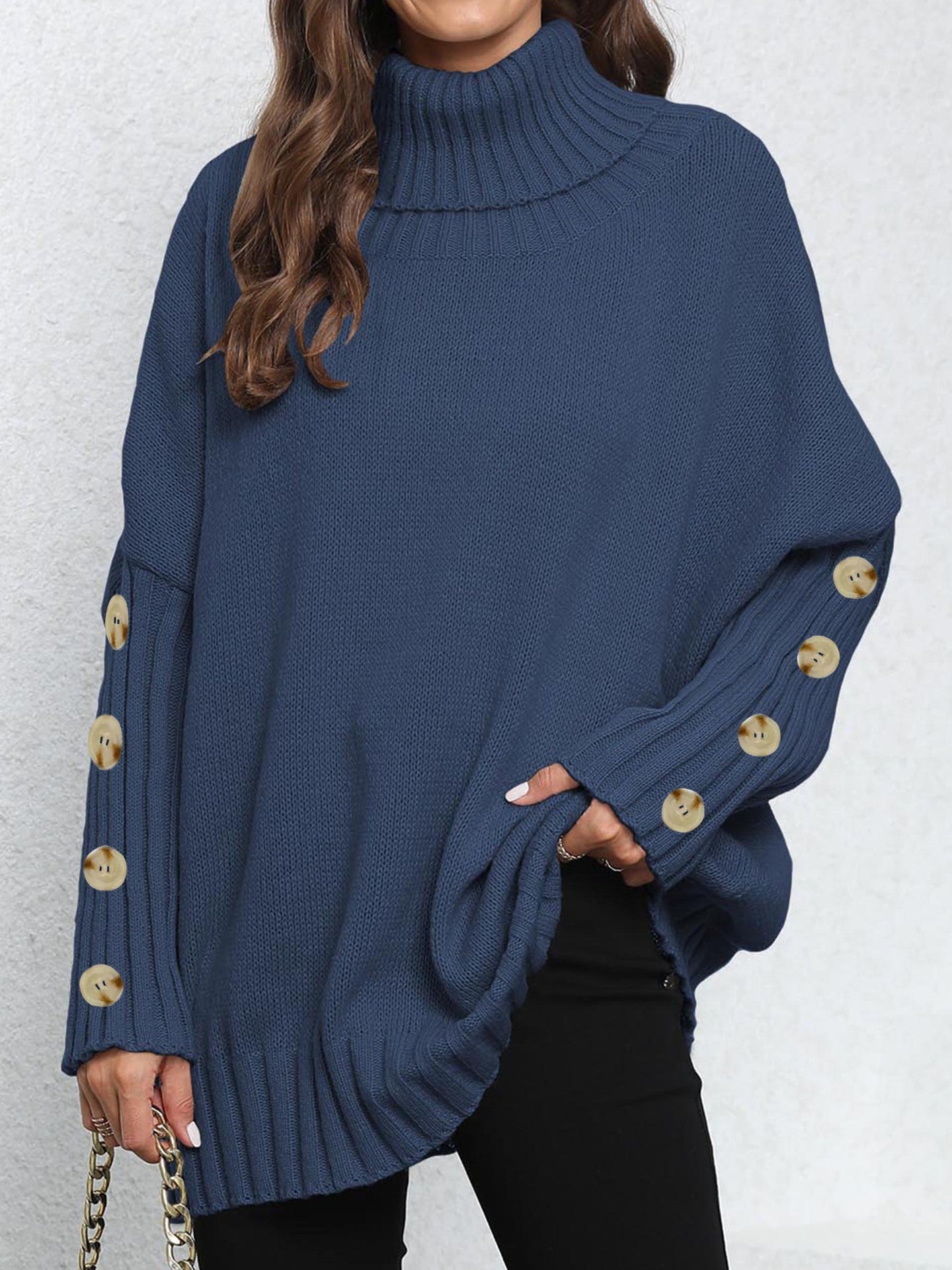 Women Pullover Women Button Knitting Solid Color High Neck Loose Knitted Sweater Tops 5