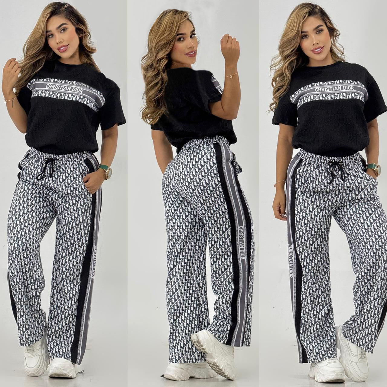 Women  Summer Casual Jacquard Short Sleeve T-shirt And Lace Jacquard Wide Leg Pants Two Piece Set