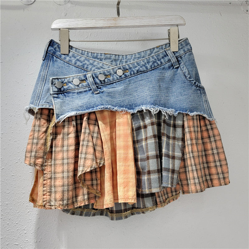 Women American Plaid Patchwork Irregular Denim Skirt