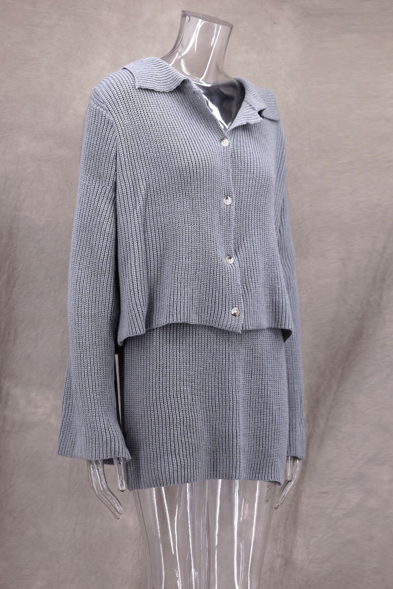 Autumn And Winter Fashionable Turndown Collar Bell Bottom Sleeve Cardigan Short Skirt Woolen Two Piece Set 15