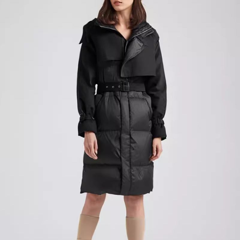 Winter Belt Slim Waist Patchwork Puffy Coat