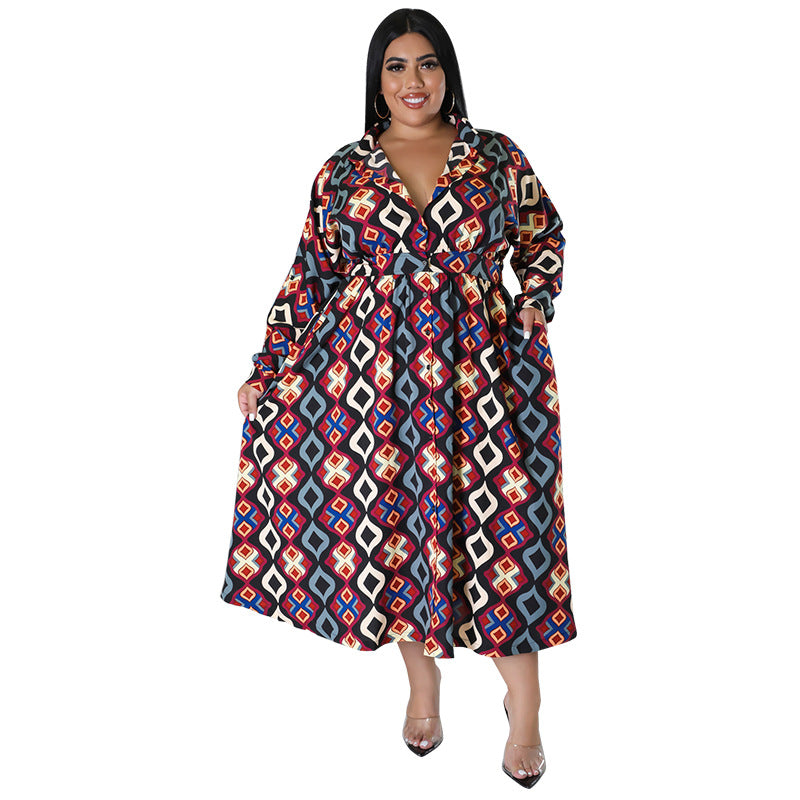 Plus Size Women Fall Long Sleeve Printed Casual Shirt Dress with Belt 7