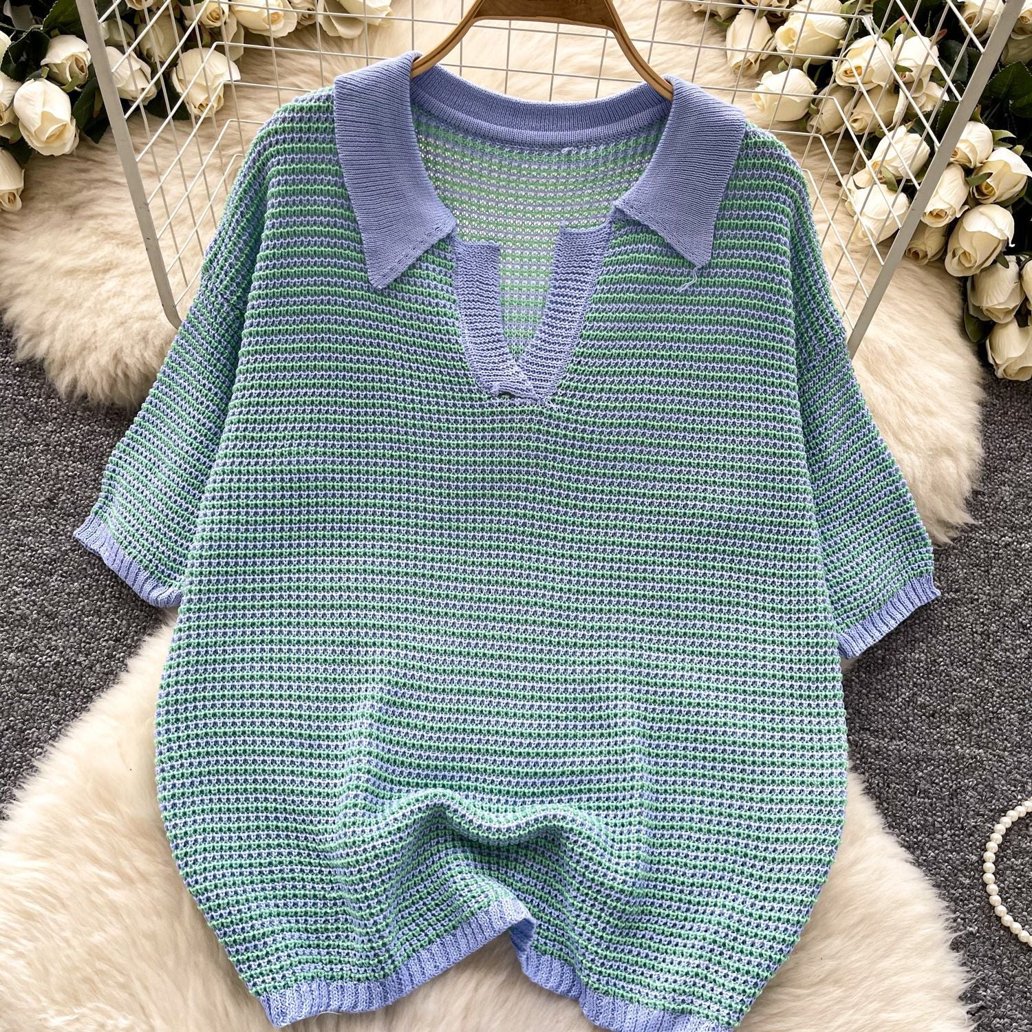 Women's Summer Turndown Collar Short Sleeve Hollow Knitting Top Tight Fitting Shorts Fashion Two Piece Set 9