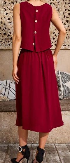 Women Casual Solid Round Neck Top and Skirt Two Piece Set 22