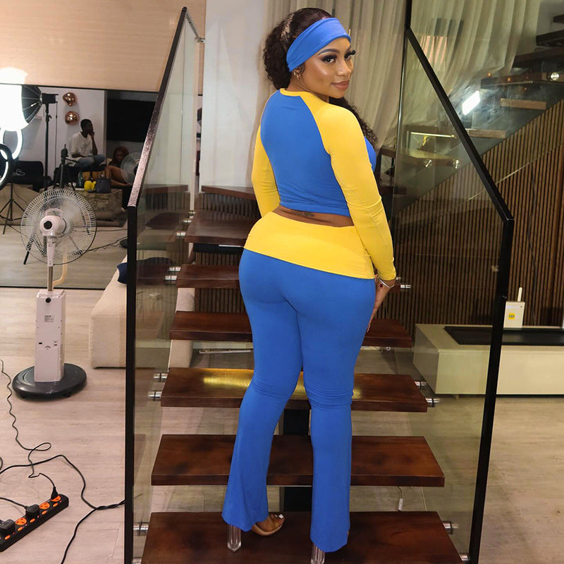 Women Contrast Raglan Long Sleeve Top and Folded Flared Trousers Two-Piece Set 12