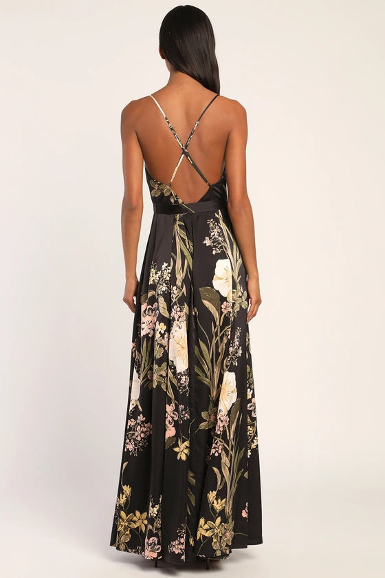 Women V Neck Suspender Printed Backless Slit Casual Holidays Beach Maxi Dress 6