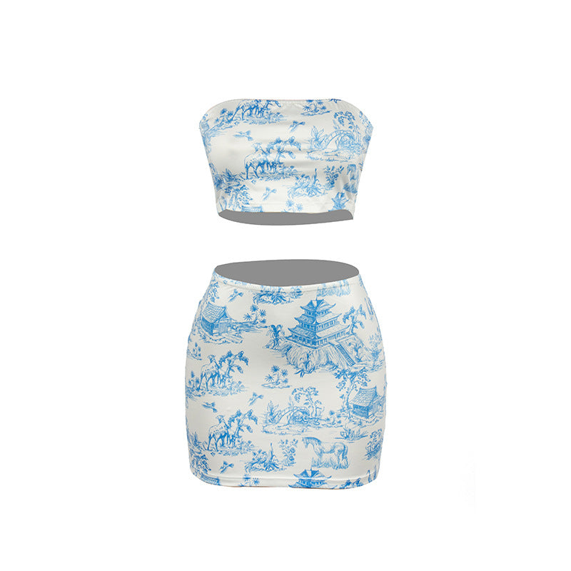 Summer Sleeveless Printed Strapless Top Slim Fit Bodycon Skirt Women's Set 8