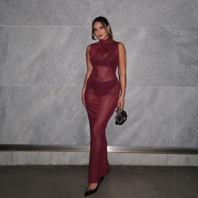 Spring Women's Solid Sexy See-Through Mesh High Waist Bodycon Long Dress