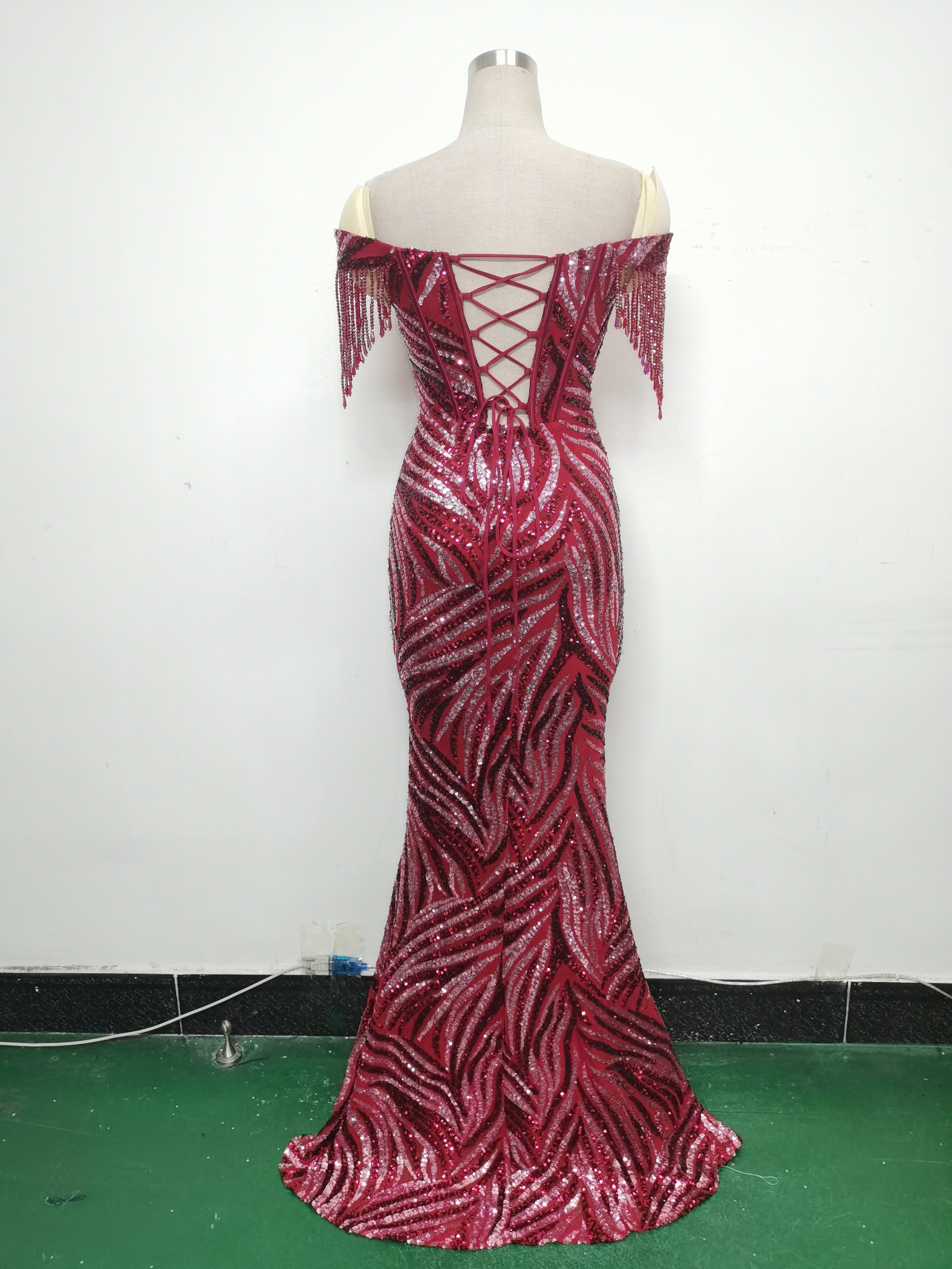 Off Shoulder Tassels Fishbone Slim Waist Lace-Up Sequin Evening Dress 16