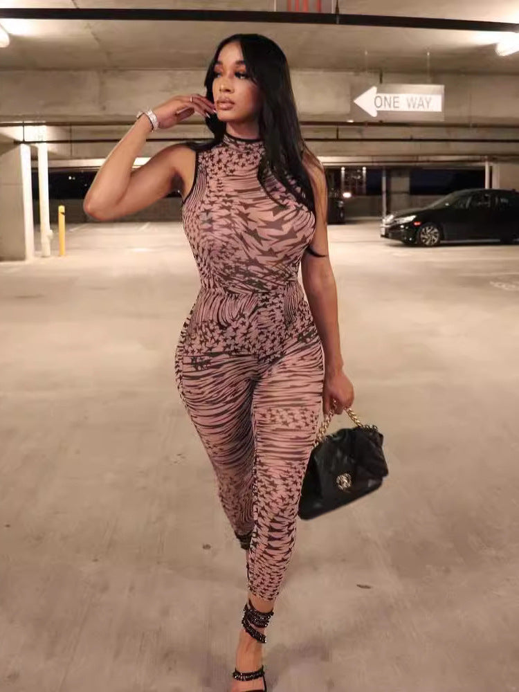 Women's clothing sexy mesh star print slim sleeveless low back jumpsuit 4