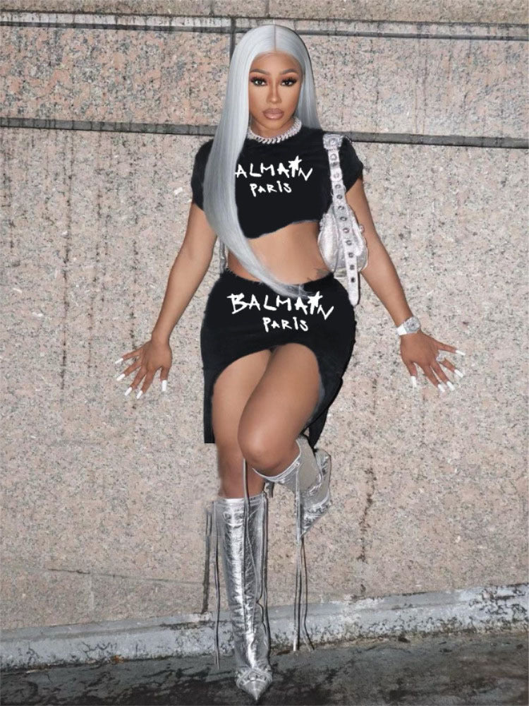 Ladies Fashion Summer Letter Print Round Neck Crop Short Sleeve Top Skirt Two-Piece Set 6