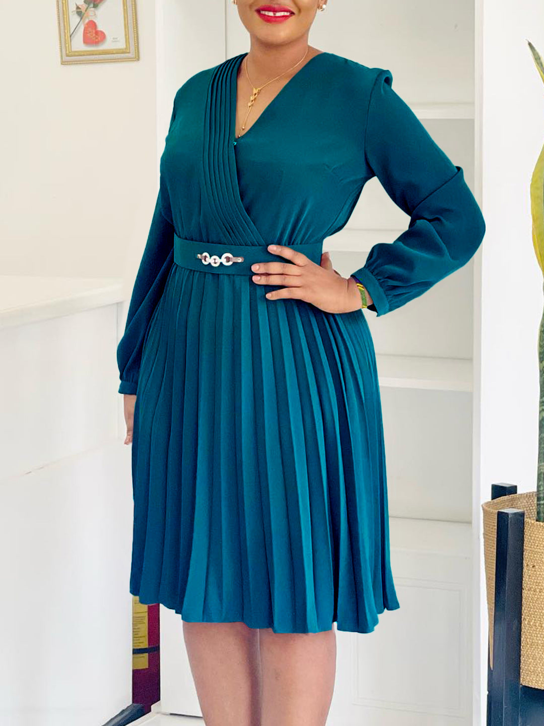 Women Spring V-Neck Pleated African Dress 6